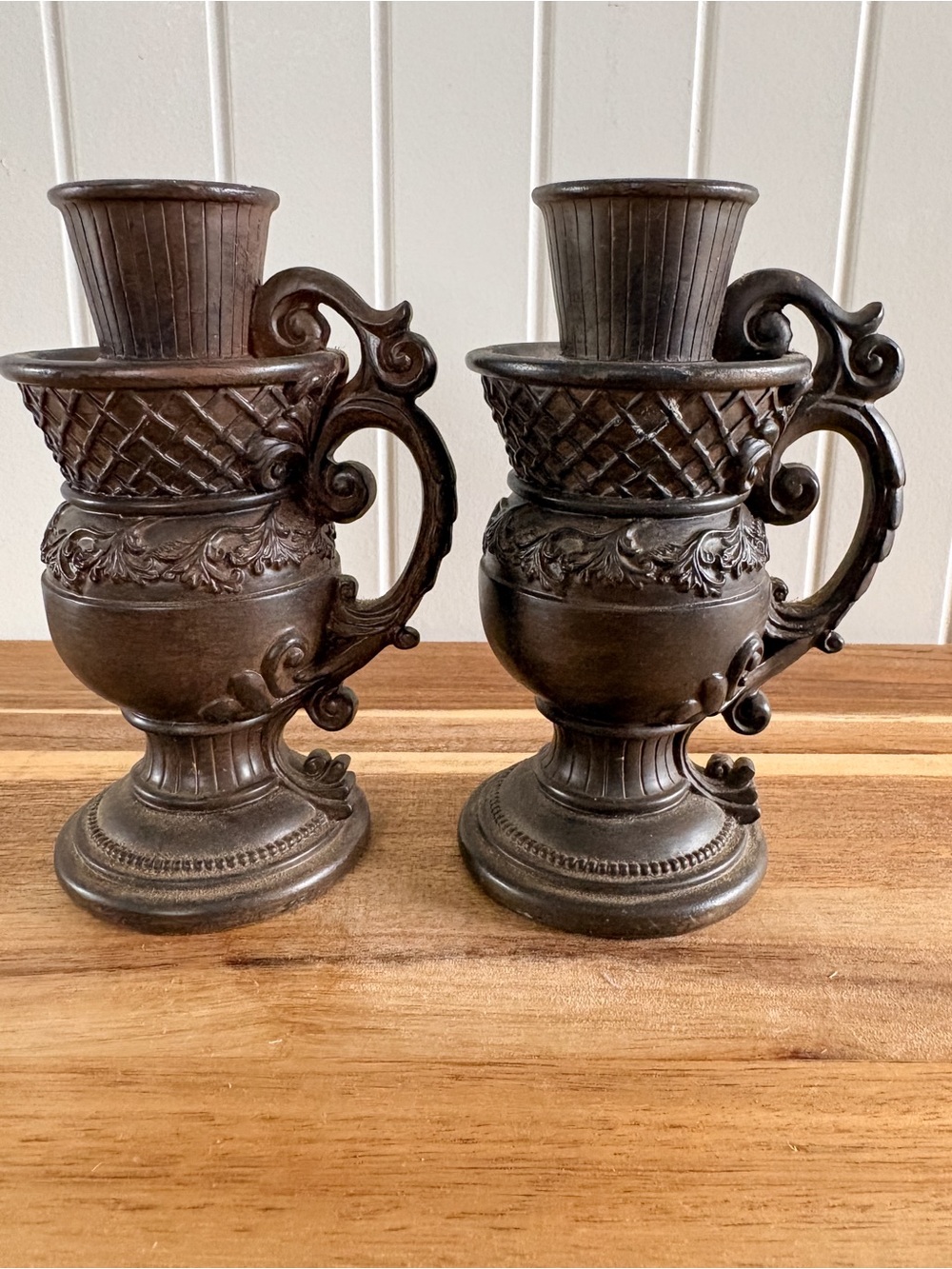 Ornate Resin Candlestick Holders with Striped Tapers, Pair